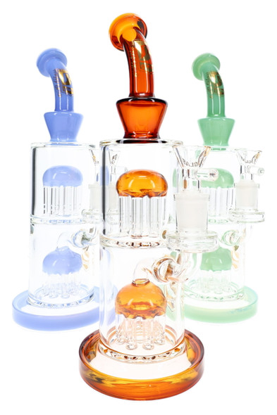 Three 11" 6B Glass stemless water pipes with double tree percs and blue, orange, and green colored accents