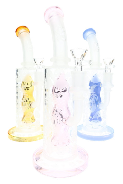 Three frosted 6B Glass Halloween water pipes with pink, yellow, and blue accents, ghost graphics, and internal novelty percs
