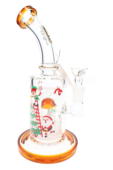 9" 6B Glass Christmas water pipe with orange base and rim, dome matrix perc, Santa and elf holiday decals