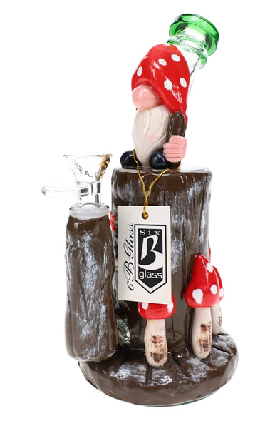 8.5" 6B Glass mushroom gnome water pipe with green neck accent, sculpted mushrooms, branded tag, and clear bowl