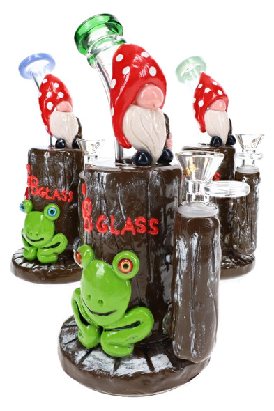 Three 8.5" 6B Glass mushroom gnome water pipes with red caps, green frogs, brown stump bodies, and colored neck accents