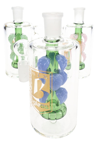 Three 6B Glass 14.5 mm 90-degree ash catchers with clear bodies, green stems and assorted colored leaf accents