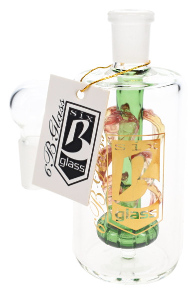 6B Glass 14.5 mm 90-degree ash catcher with clear cylindrical body, green showerhead perc and pink leaf accents