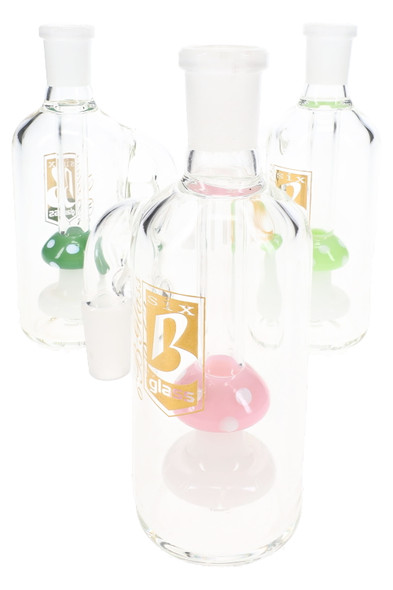 Three 6B Glass 14.5 mm 90-degree ash catchers with clear bodies and pink, green, and blue mushroom accents