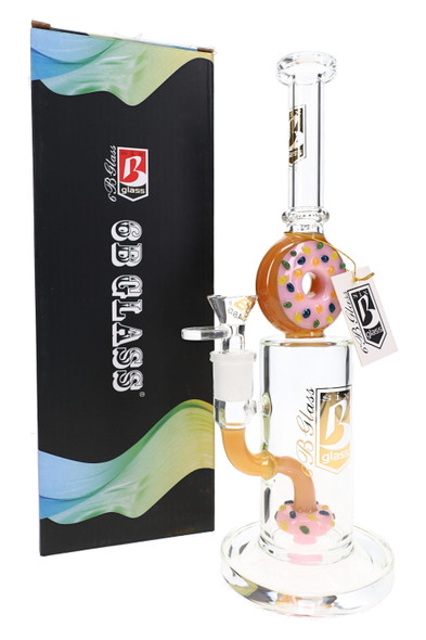 10.5" 6B Glass donut perc water pipe with pink frosting-style neck accent, clear bowl, branded hang tag, and retail box