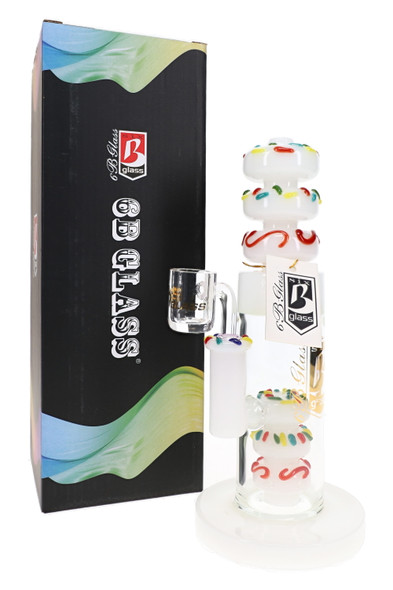 White 9.5" 6B Glass donut stack dab rig with colorful sprinkles, clear bucket accessory, hang tag, and retail box