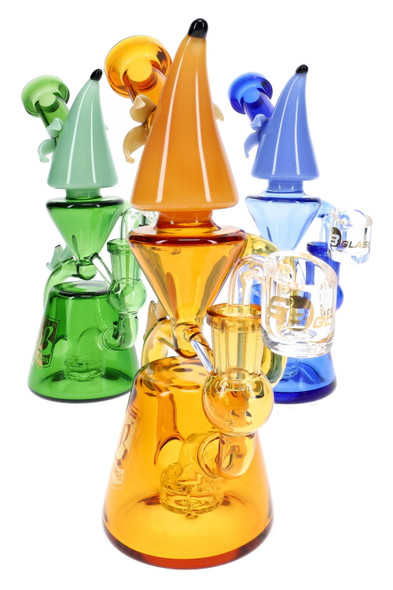 Three 8" 6B Glass banana recycler dab rigs in amber, green, and blue with curved banana details and clear buckets