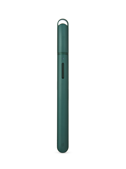 Pine Puffco Hot Knife with protective cap installed, showing slim green body, button, indicator, and cap loop