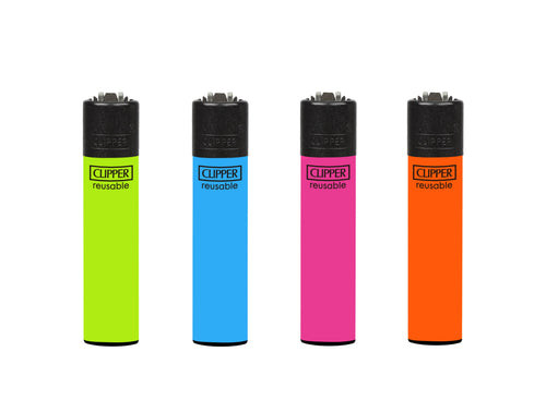 Four Clipper Classic Mini reusable lighters shown in fluorescent green, blue, pink, and orange colors