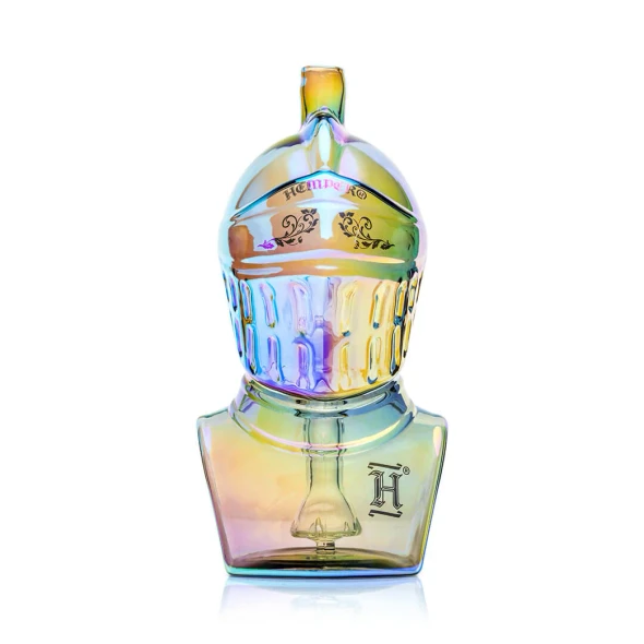Front view of Hemper Medieval Knight bong showing helmet-shaped body, iridescent glass, and internal percolator
