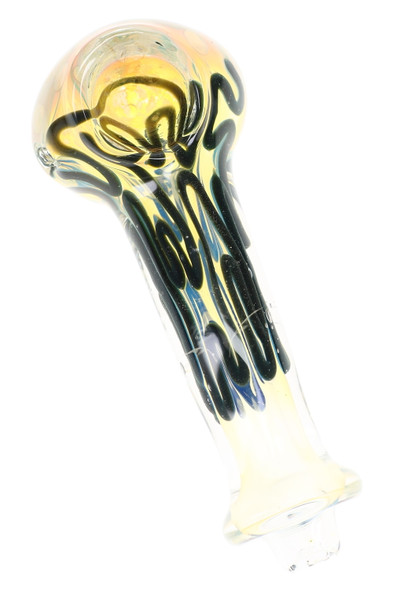 4.5" pale fumed glass spoon pipe with rounded bowl and dark green-black squiggle accents extending down the stem