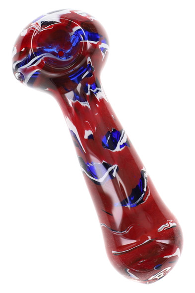 4.5" glass spoon pipe with translucent red body and abstract blue, white, and dark reverse-pattern accents