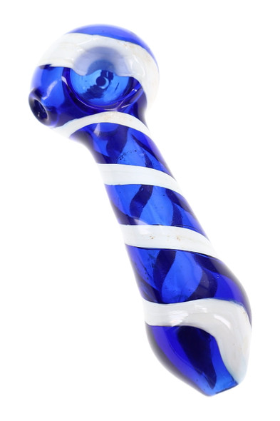 4" blue glass spoon pipe with contrasting white painted stripes wrapping from the rounded bowl down the curved stem