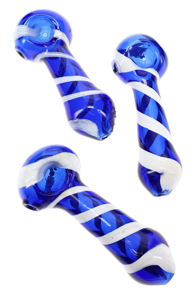 Three 4" blue glass spoon pipes with bold white painted stripes wrapping around the bowls and curved stems