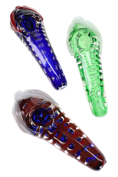 Three 5" colored glass spoon pipes in blue, green, and red with clear bubble details and raised glass accents