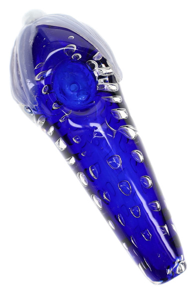 5" deep blue glass spoon pipe with clear bubble details along the body and a raised clear glass accent around the bowl