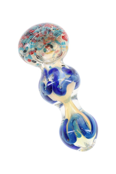 3.5" glass spoon pipe with multicolor frit bowl, pale body, and layered blue squiggle accents along the stem