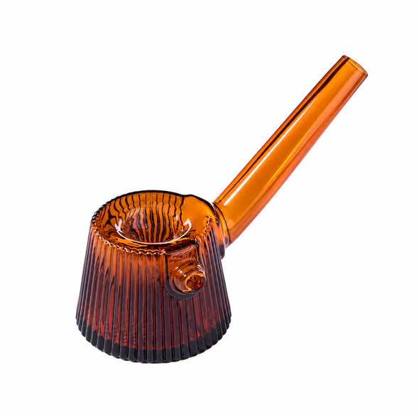 Baltic Amber NWTN Deco hand pipe angled from above to show the bowl, fluted body and side carb
