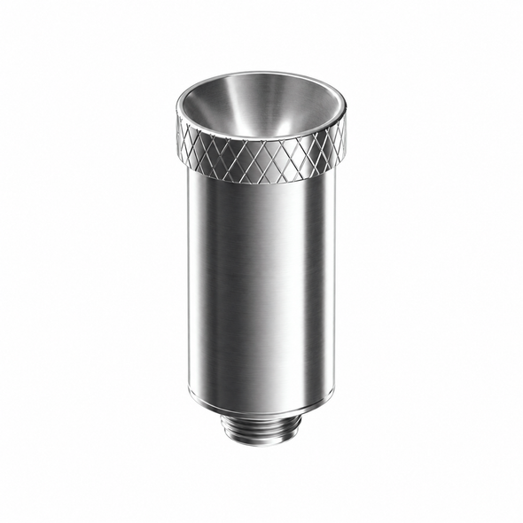 Dr. Dabber Ghost² eChamber angled upright with silver cylindrical body, ceramic dish, and knurled rim