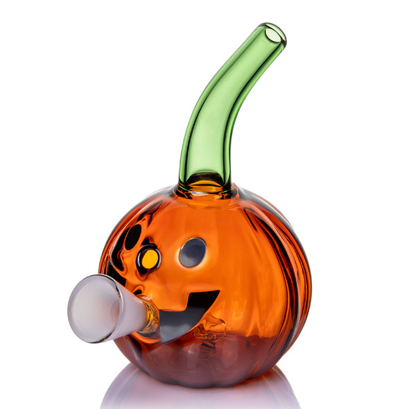 MJ Arsenal Jack O'Ripper orange pumpkin bubbler with green curved mouthpiece and jack-o'-lantern face