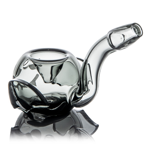 Angled rear view of MJ Arsenal Bud-Sucker smoky glass hand pipe showing curved mouthpiece and sculpted side detail
