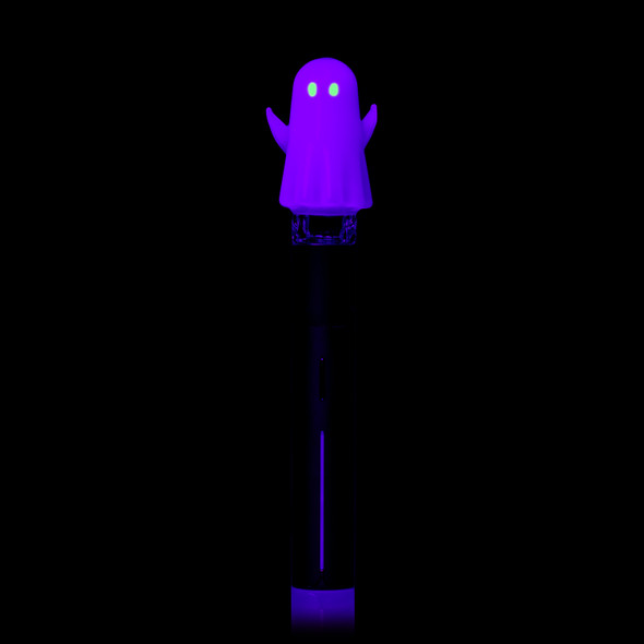UV front view of MJ Arsenal Specter Pivot Top on a Puffco Pivot with purple ghost body and glowing green eyes