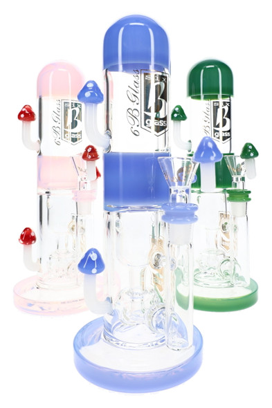 10" 6B Glass mushroom water pipes in blue, pink and green, showing colorful wholesale glass from multiple angles