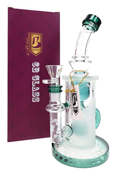 Green 9.5" 6B Glass frosted honeycomb recycler water pipe beside branded box for wholesale glass merchandising