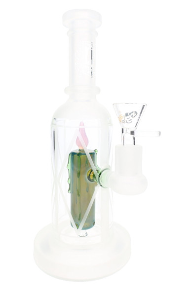 9" 6B Glass frosted water pipe with colored candle perc, clear handled bowl and wide base for wholesale glass displays