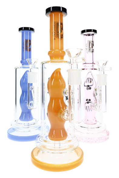 10.5" 6B Glass straight shooter water pipes in orange, blue and pink with unique percs for wholesale glass resale