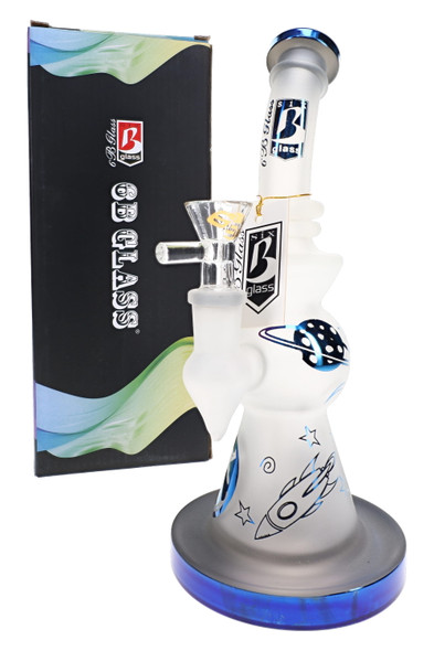 9" 6B Glass frosted space water pipe with metallic blue planet and rocket graphics beside box for smoke shop resale