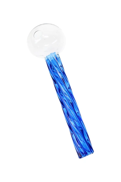US-made 4" blue twisted glass oil burner pipe with clear round chamber and textured stem for smoke shop resale