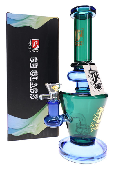 Green and blue 10" 6B Glass stemless water pipe with clear bowl and branded box, shown for retailer glass displays.