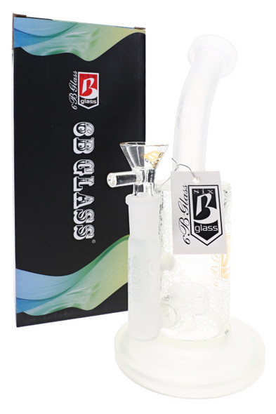 8.5" frosted lotus 6B Glass water pipe with clear bowl and branded box, shown upright for retail smoke gear displays.