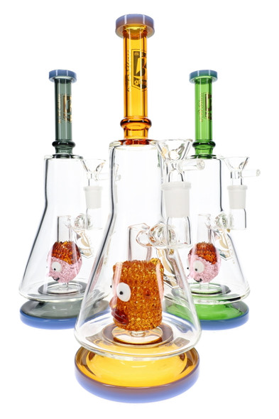 Three 10.5" 6B Glass water pipes with assorted character percs and colored accents for smoke shop glass displays.