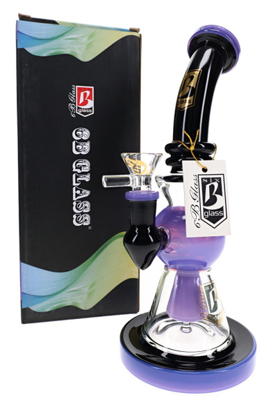 9.5" 6B Glass black water pipe with purple neon accents, showerhead perc and branded box for retail glass displays.