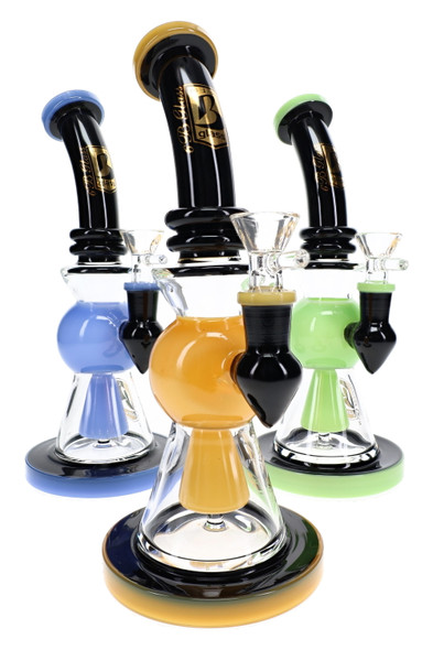Three 9.5" 6B Glass black water pipes with amber, blue and green neon accents for wholesale smoke shop displays.