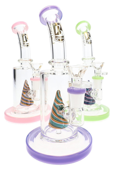 Three 8.5" 6B Glass water pipes with pink, purple and green neon accents for wholesale smoke shop glass displays.