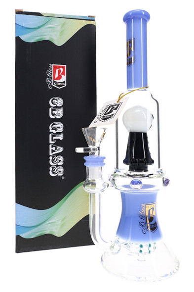 11.5" blue-accent 6B Glass water pipe with dual showerhead percs and branded box for retail glass showcases.