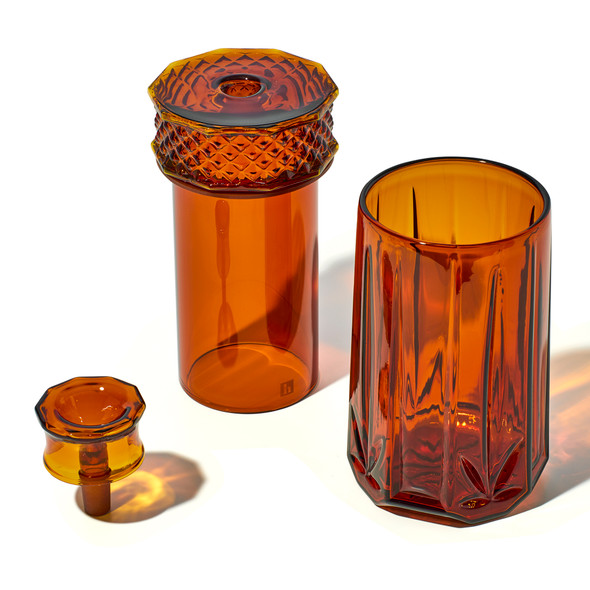 Disassembled amber NWTN Highball gravity bong showing glass shell, core and bowl for wholesale smoke shop merchandising.