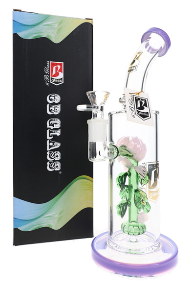 6B Glass water pipe with purple accents, pink rose perc, clear bowl, and branded hang tag beside a matching box.