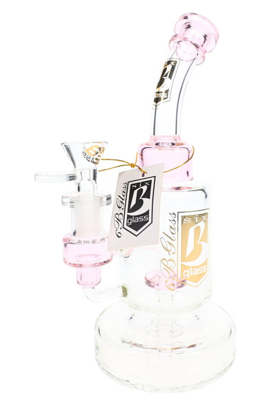 Pink-accented 6B Glass water pipe with curved neck, clear chamber, internal perc, clear bowl and branded hang tag.