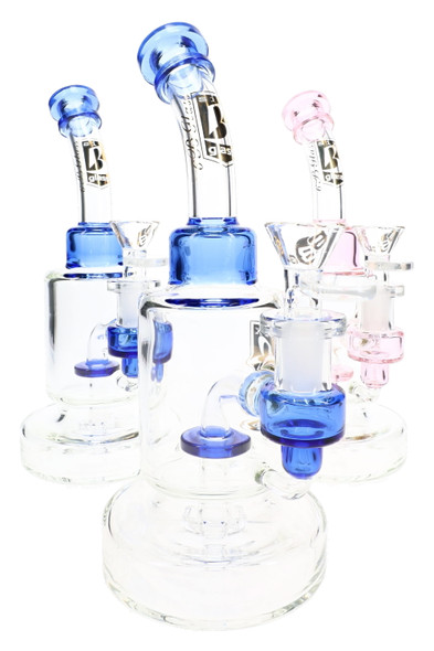 Three clear 6B Glass water pipes with blue or pink accents, curved necks, internal percs and round bases.