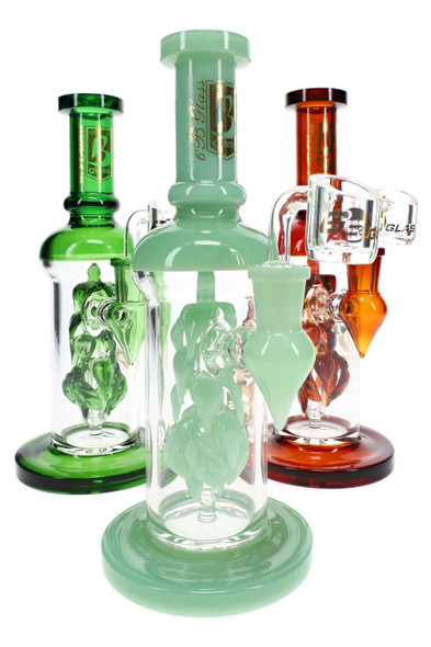 Three 6B Glass dab rigs with mint green, green and amber accents, sculpted vine leaf percs and clear chambers.