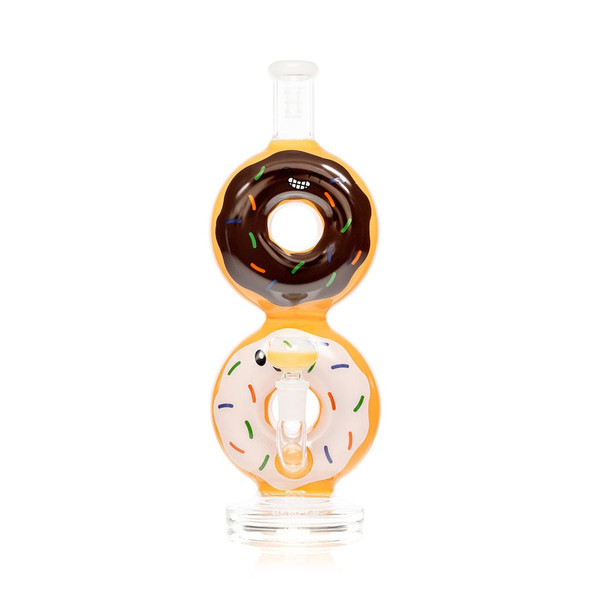 Front view of Hemper Donut XL water pipe with white and amber icing, colorful sprinkles and clear base