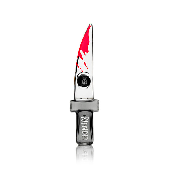 Front view of RIPNDIP x Hemper Killer Nermal Knife glass hand pipe with red blade accents and branded gray handle