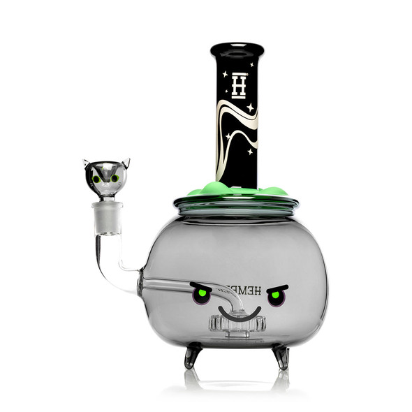 Front angled view of HEMPER Cauldron XL with face decal, green bubble top, and cat-shaped bowl.