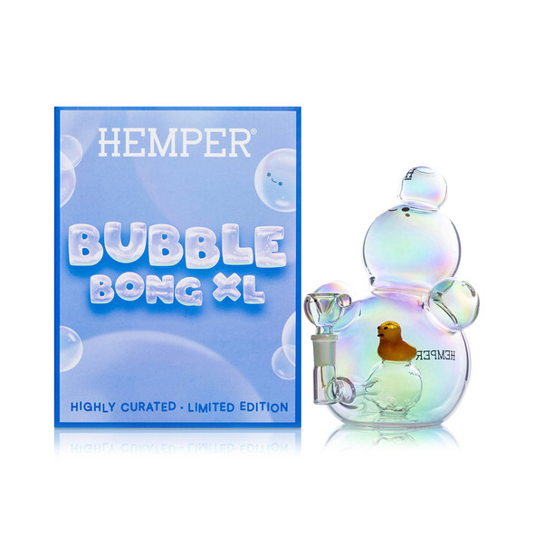 Hemper Bubble XL water pipe with yellow duck perc and matching Bubble bowl beside its blue retail box.