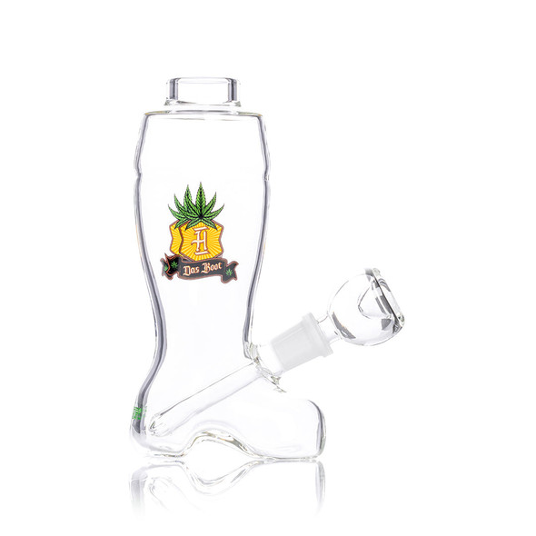 Side view of Hemper Das Boot showing the boot shape, badge decal and angled clear flower bowl.