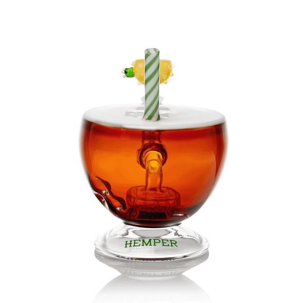 Rear view of Hemper Pina Colada XL showing the striped straw, internal showerhead perc and clear pedestal.